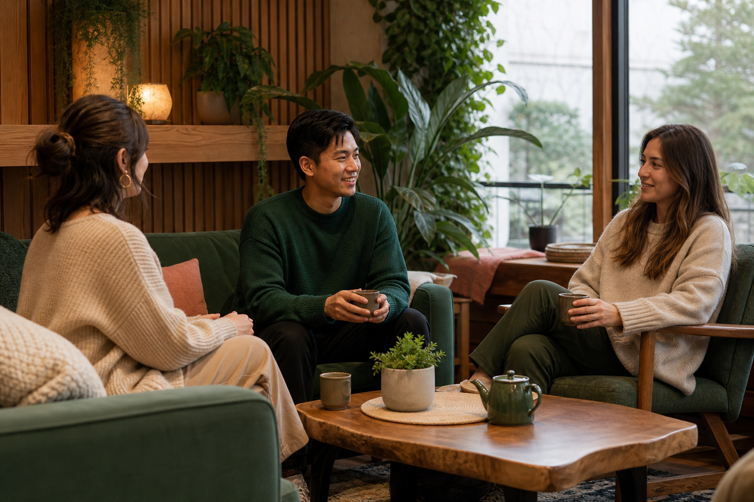 Three fully clothed adults talking calmly in a trusted lounge space.